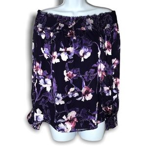 White House black market off the shoulder silk burnout purple floral blouse M